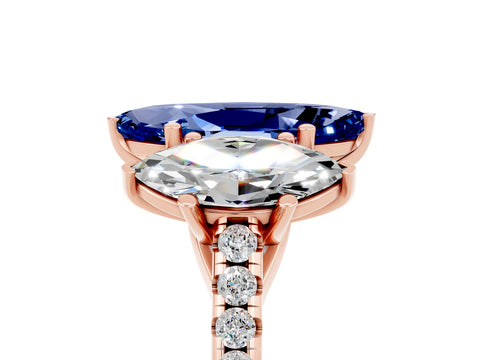 Rose gold Three-Stone Marquise Cut Blue Sapphire Ring with Pavé Band and Prong Setting_17