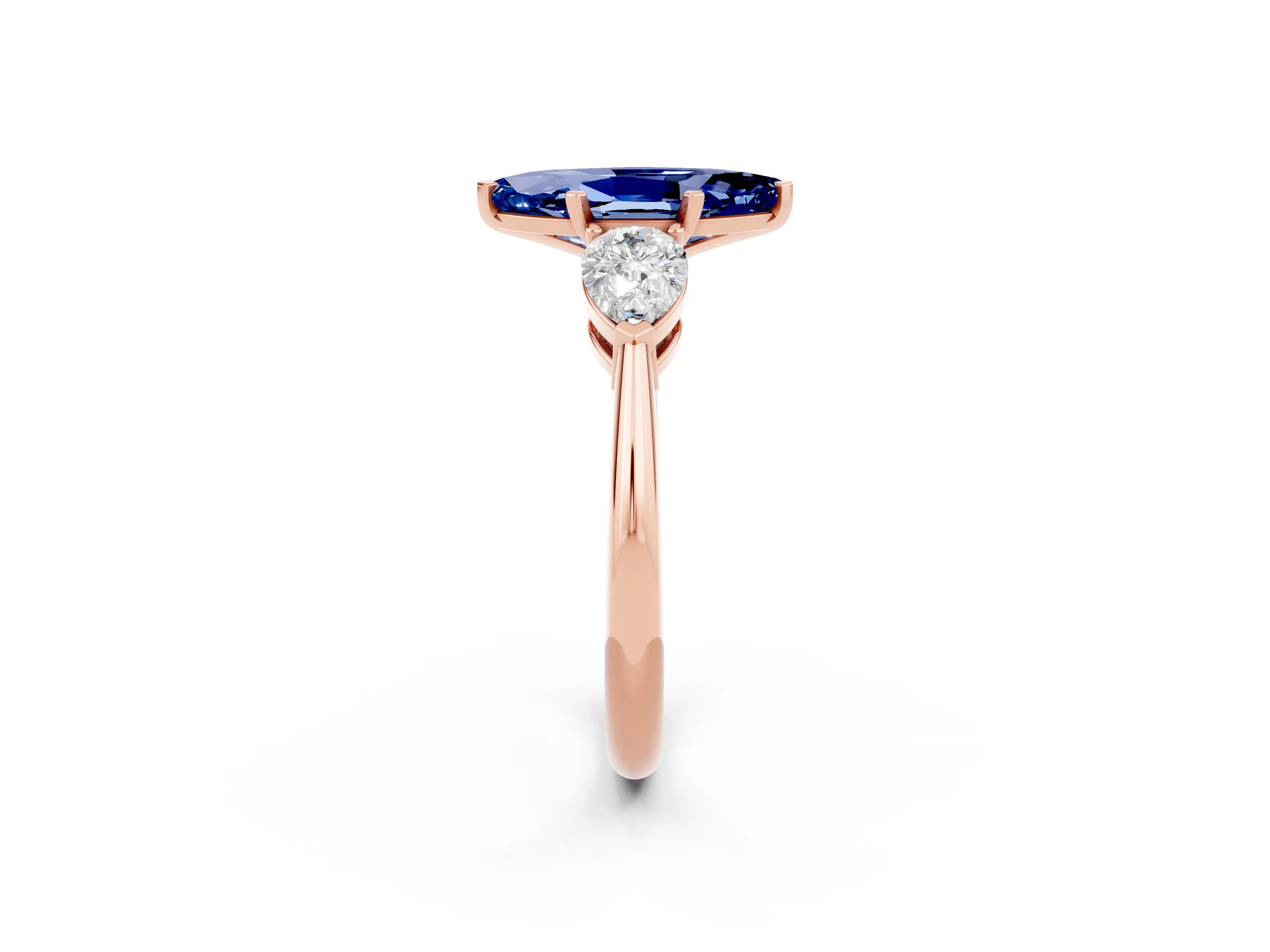 Rose gold Three-Stone Marquise Cut Blue Sapphire Ring with Pear Side Stones and Four-Prong Setting_2