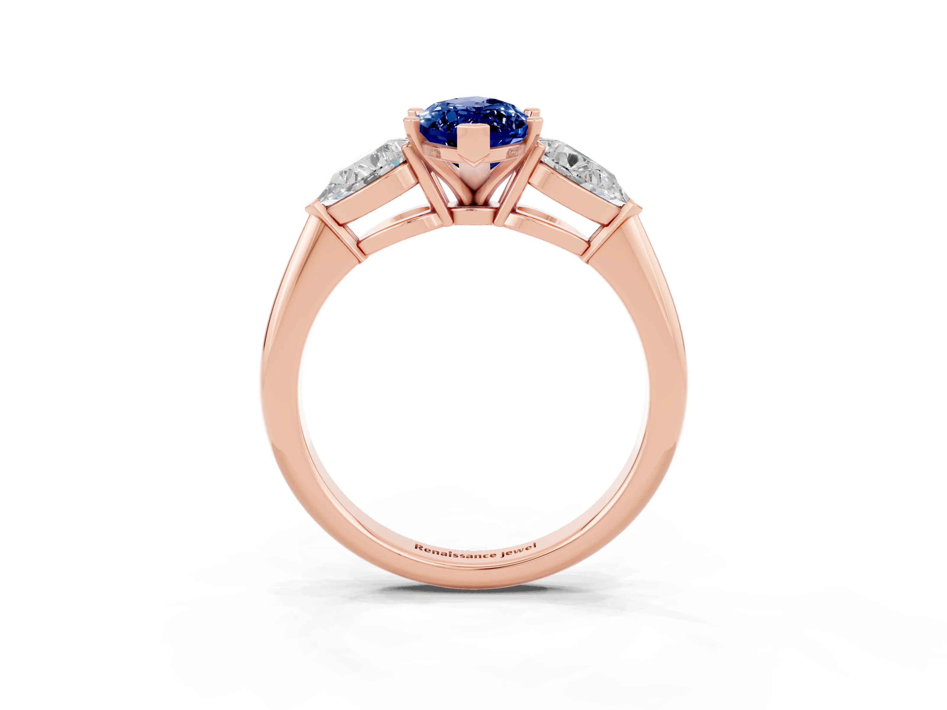 Rose gold Three-Stone Marquise Cut Blue Sapphire Ring with Pear Side Stones and Four-Prong Setting_3