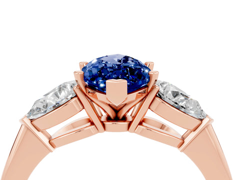 Rose gold Three-Stone Marquise Cut Blue Sapphire Ring with Pear Side Stones and Four-Prong Setting_4