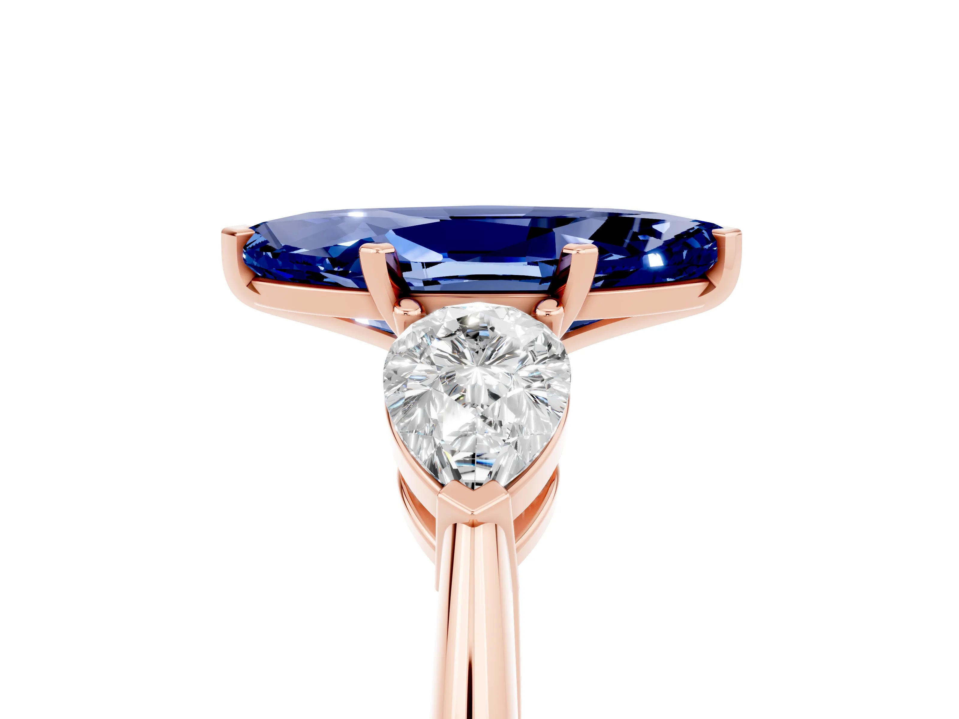 Rose gold Three-Stone Marquise Cut Blue Sapphire Ring with Pear Side Stones and Four-Prong Setting_5