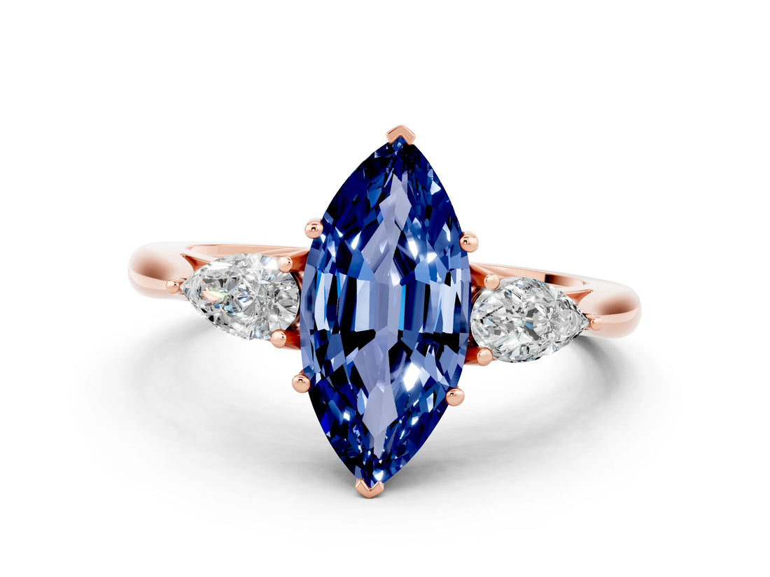 Rose gold Three-Stone Marquise Cut Blue Sapphire Ring with Pear  Side Stones in Four-Prong Setting_12