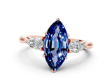 Rose gold Three-Stone Marquise Cut Blue Sapphire Ring with Pear  Side Stones in Four-Prong Setting_12