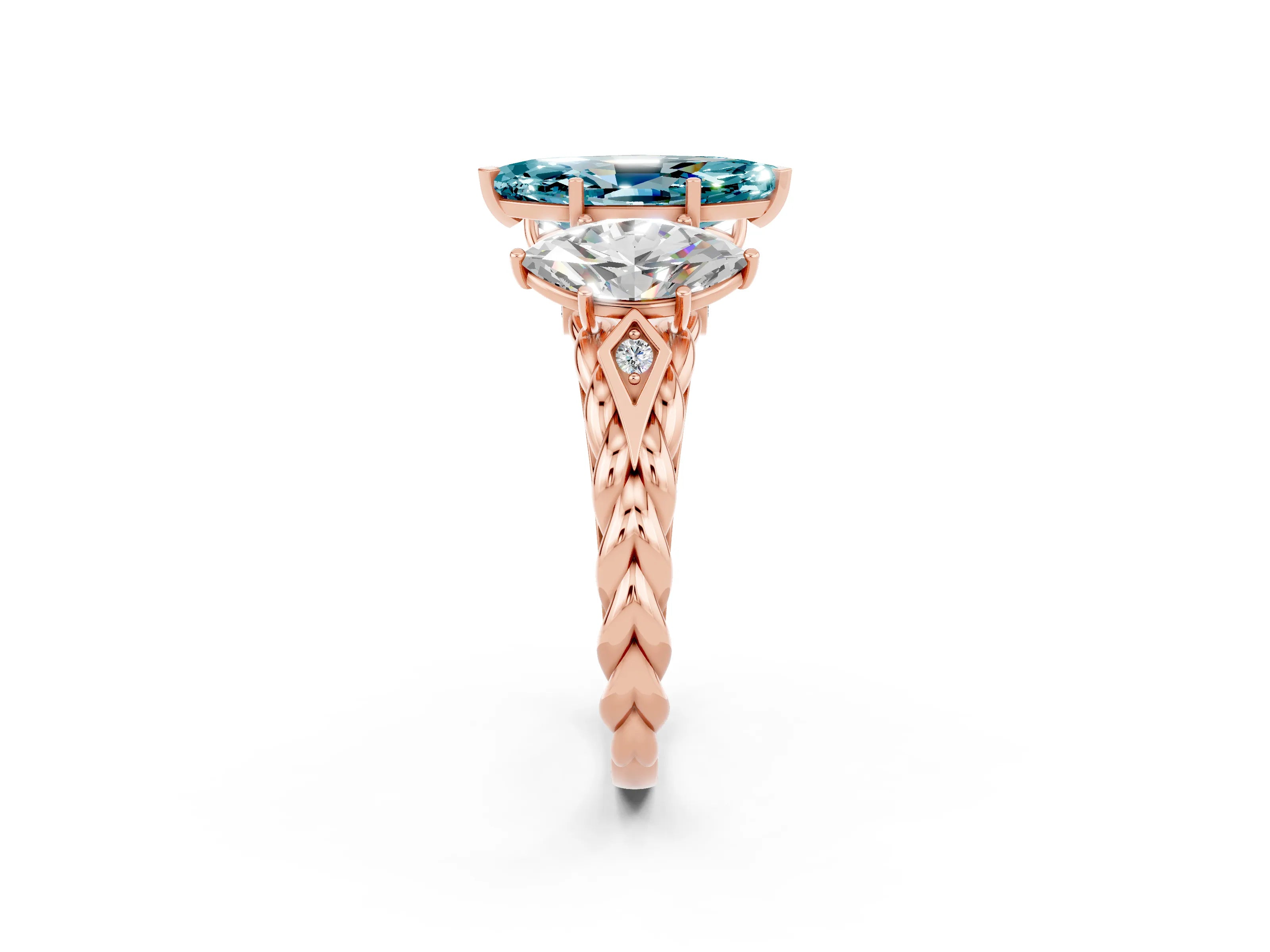 Rose gold Three-Stone Marquise Cut Blue Topaz Braided Band Ring with Four-Prong Setting_14