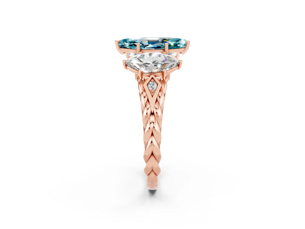 Rose gold Three-Stone Marquise Cut Blue Topaz Braided Band Ring with Four-Prong Setting