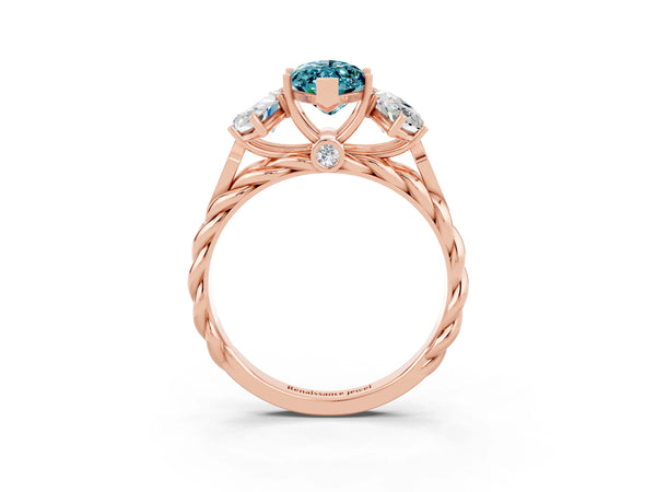 Rose gold Three-Stone Marquise Cut Blue Topaz Braided Band Ring with Four-Prong Setting
