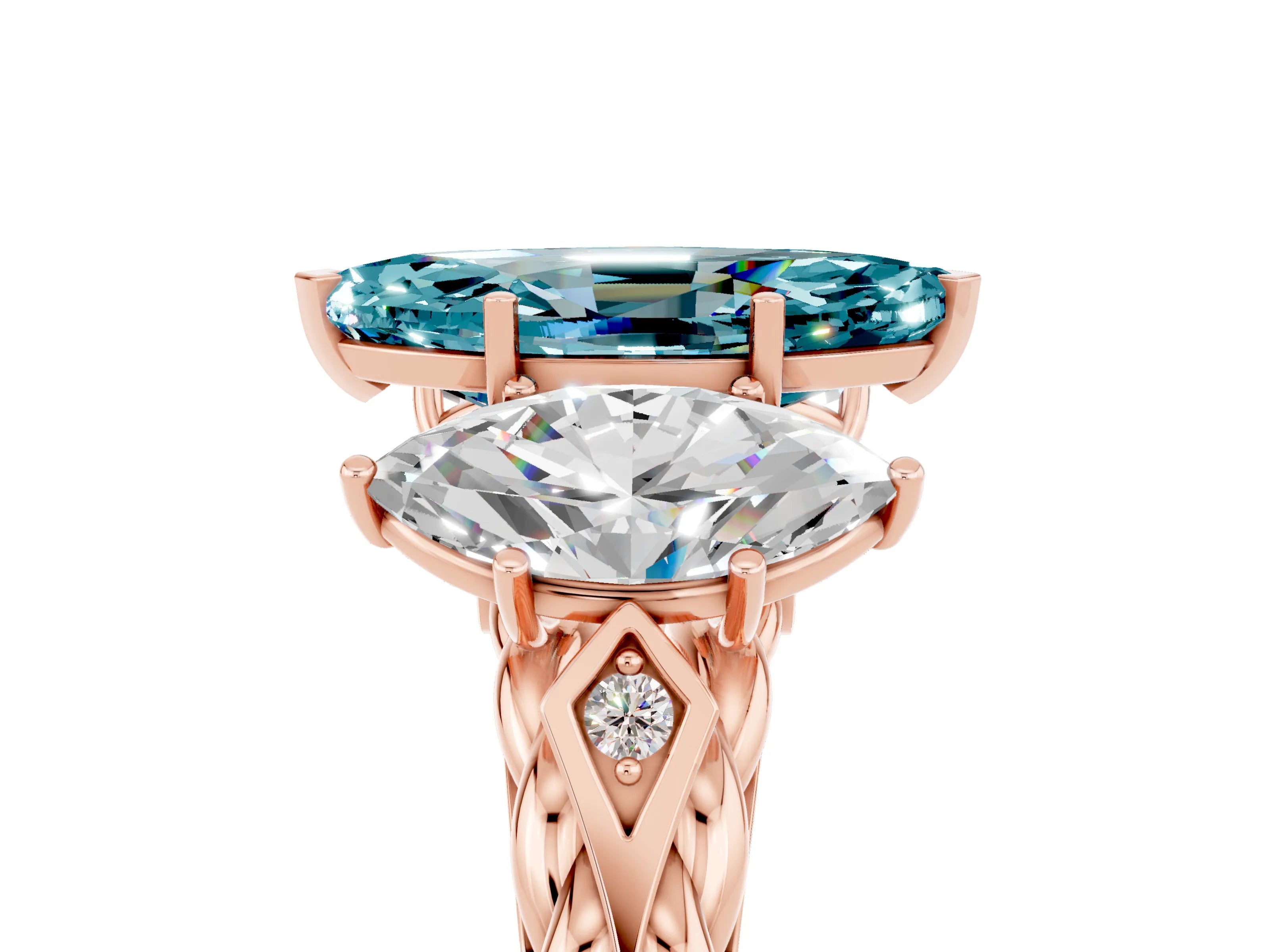 Rose gold Three-Stone Marquise Cut Blue Topaz Braided Band Ring with Four-Prong Setting_17