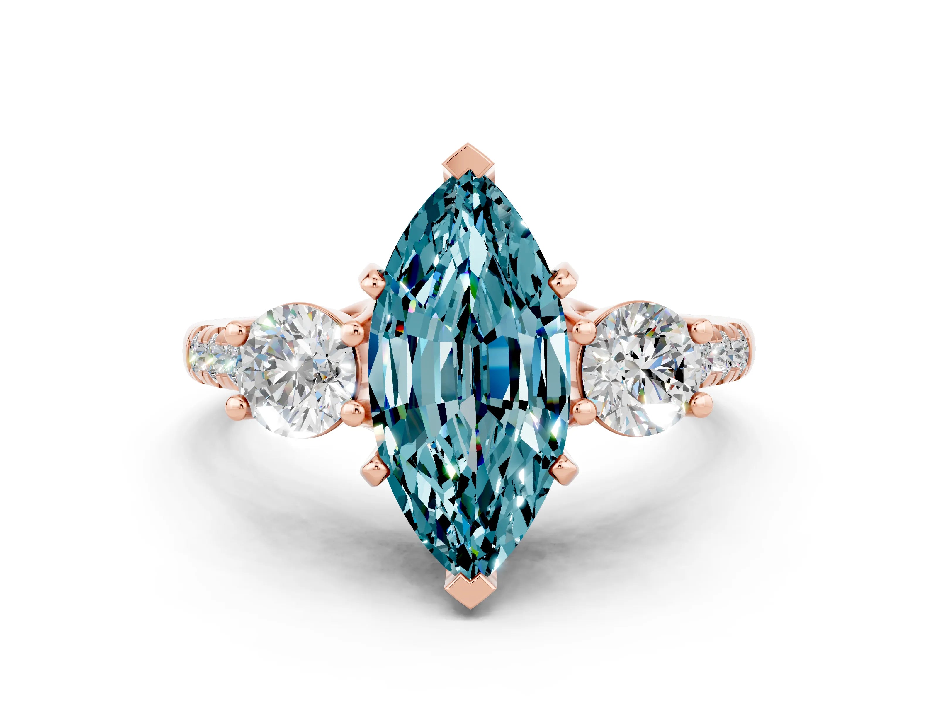 Rose gold Three-Stone Marquise Cut Blue Topaz Pavé Band with Four-Prong Setting
