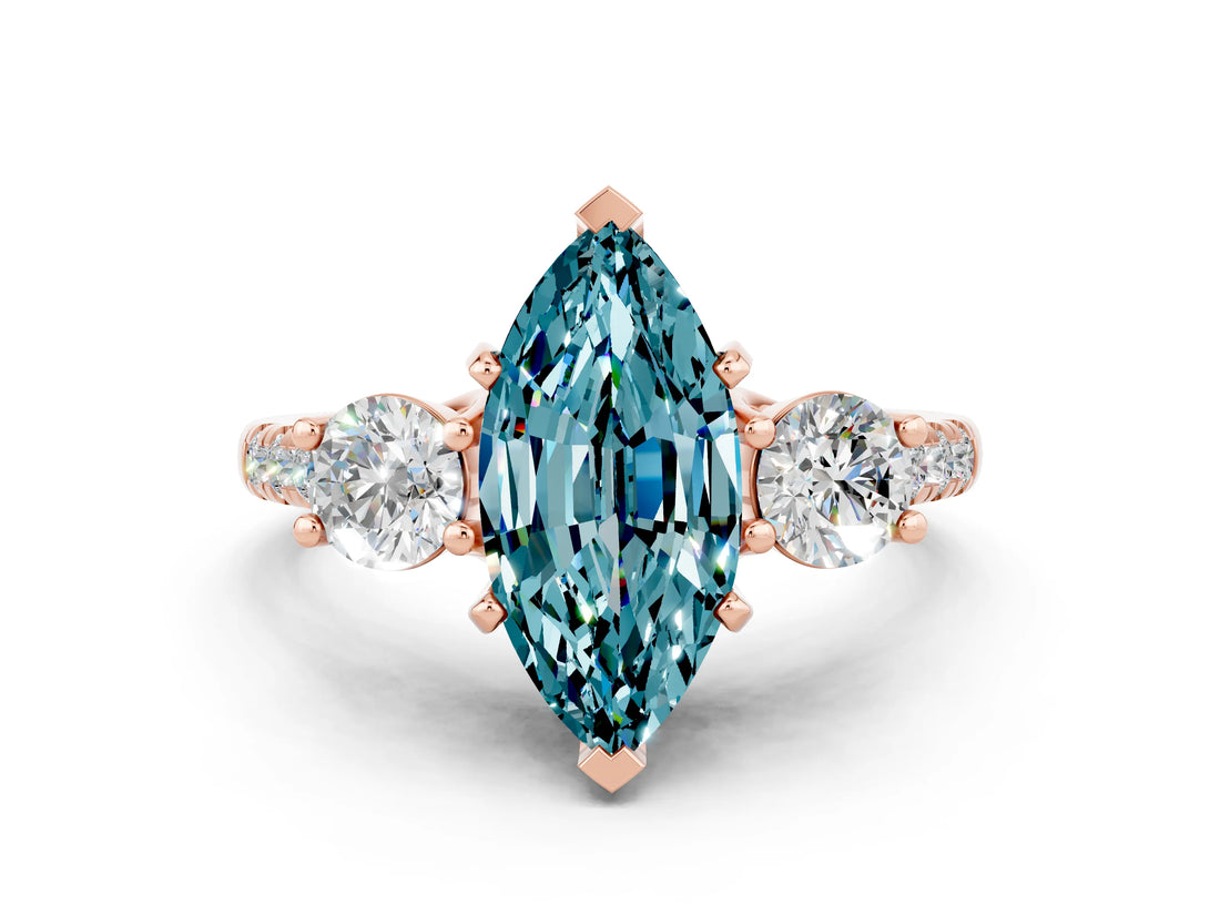 Rose gold Three-Stone Marquise Cut Blue Topaz Pavé Band with Four-Prong Setting