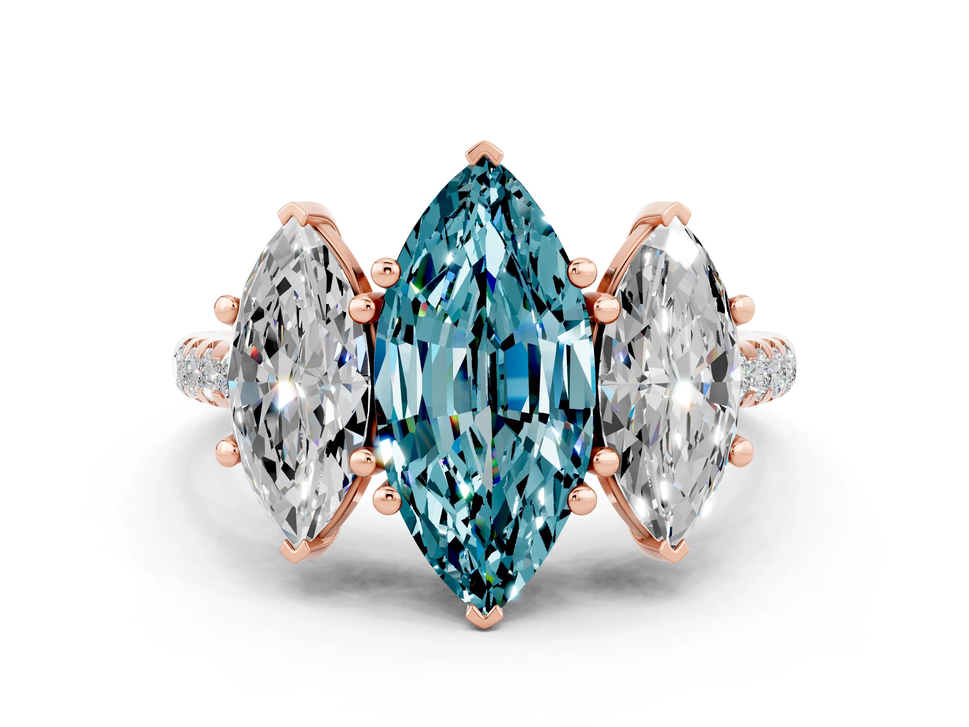 Rose gold Three-Stone Marquise Cut Blue Topaz Ring with Pavé Band and Prong Setting_12
