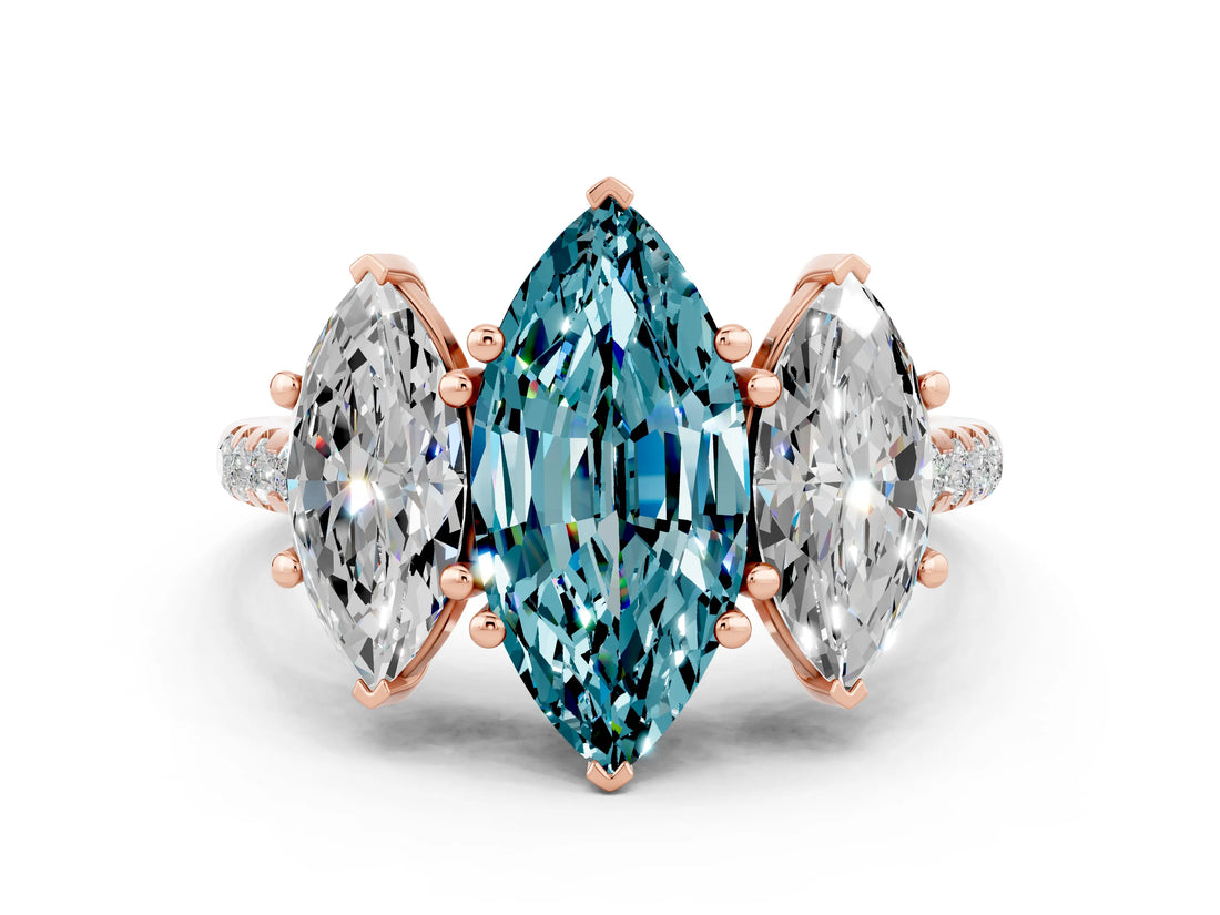 Rose gold Three-Stone Marquise Cut Blue Topaz Ring with Pavé Band and Prong Setting_12