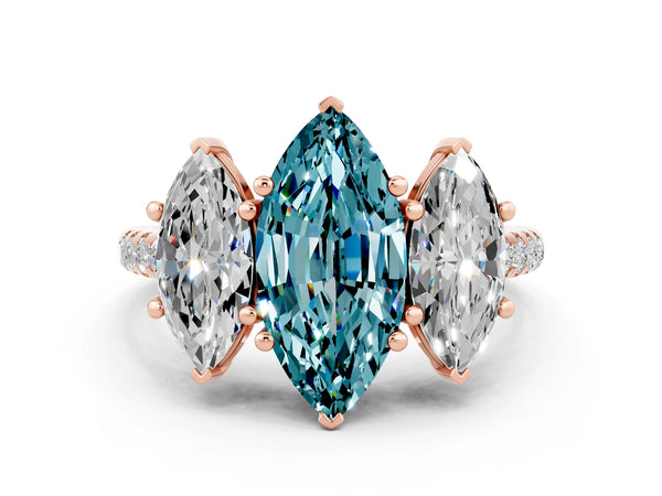 Rose gold Three-Stone Marquise Cut Blue Topaz Ring with Round  Pavé Band and Prong Setting
