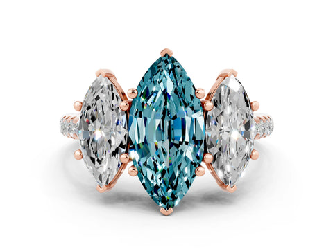 Rose gold Three-Stone Marquise Cut Blue Topaz Ring with Pavé Band and Prong Setting_12