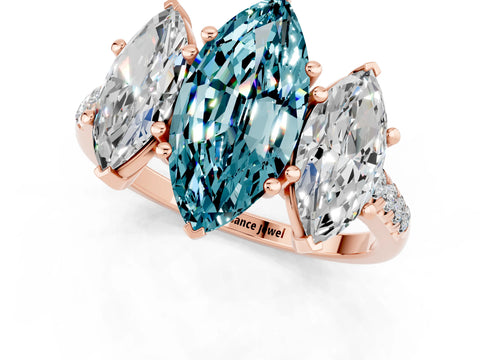 Rose gold Three-Stone Marquise Cut Blue Topaz Ring with Pavé Band and Prong Setting_13