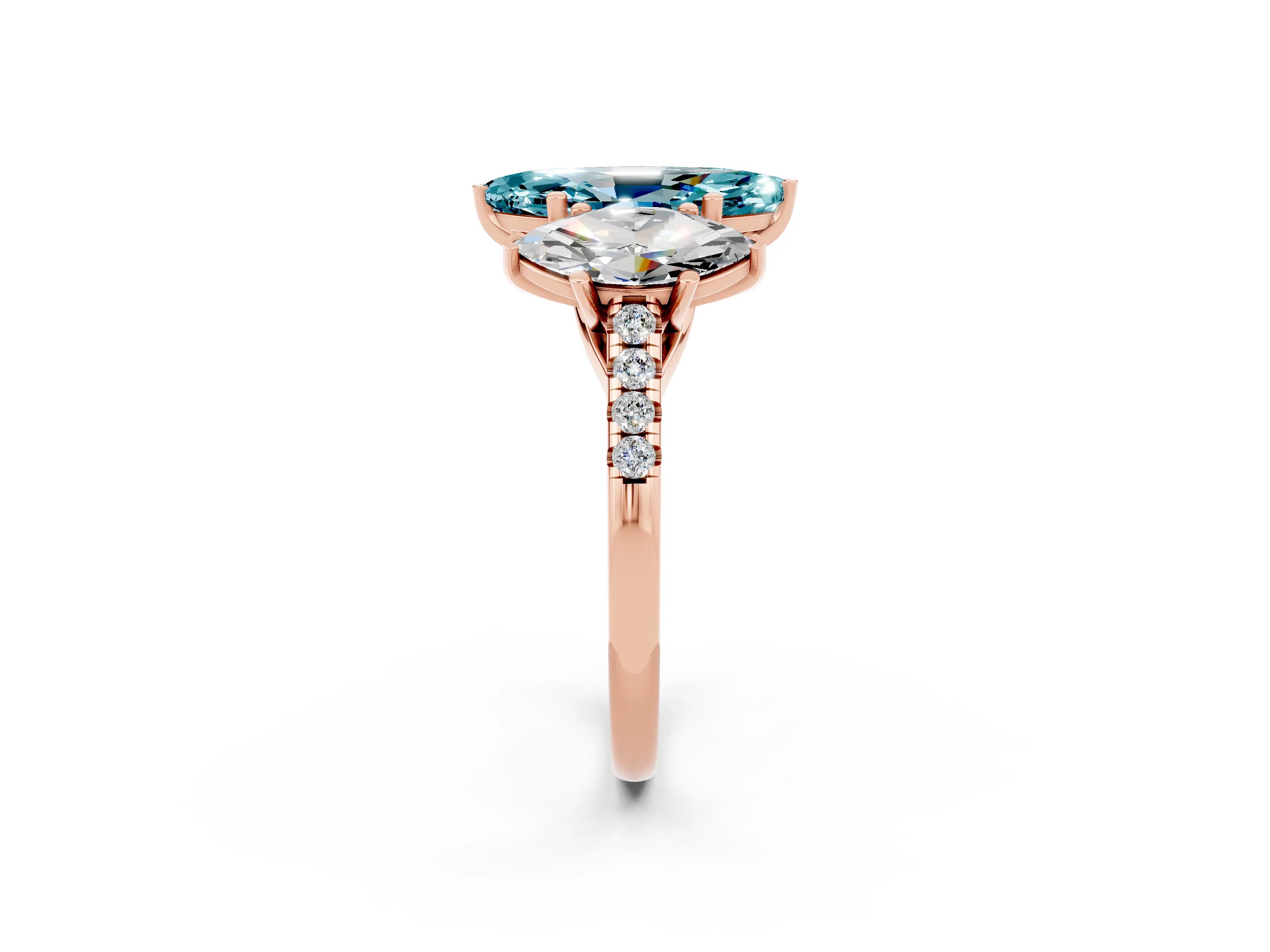 Rose gold Three-Stone Marquise Cut Blue Topaz Ring with Pavé Band and Prong Setting_14