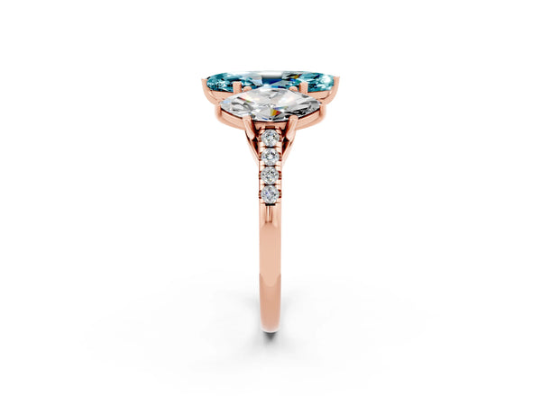 Rose gold Three-Stone Marquise Cut Blue Topaz Ring with Round  Pavé Band and Prong Setting