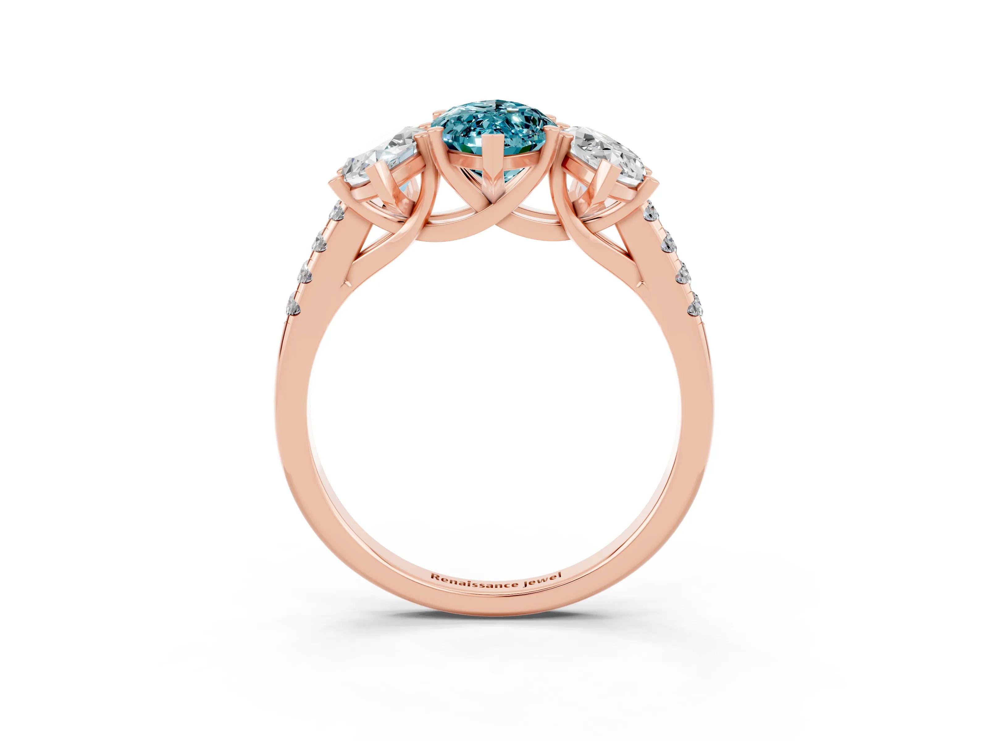 Rose gold Three-Stone Marquise Cut Blue Topaz Ring with Pavé Band and Prong Setting_15