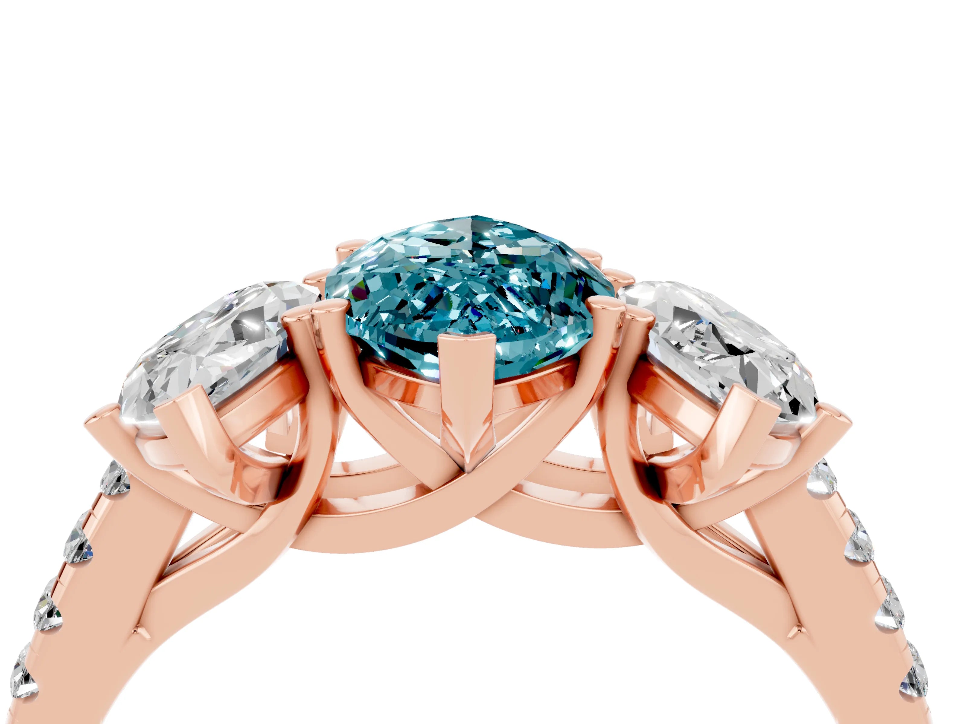 Rose gold Three-Stone Marquise Cut Blue Topaz Ring with Pavé Band and Prong Setting_16