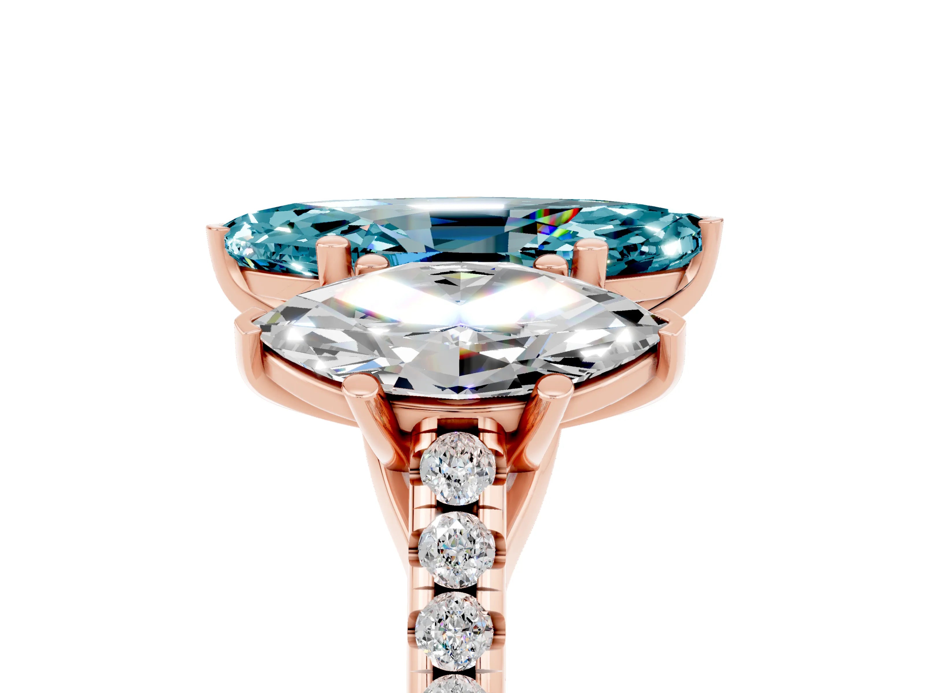 Rose gold Three-Stone Marquise Cut Blue Topaz Ring with Pavé Band and Prong Setting_17