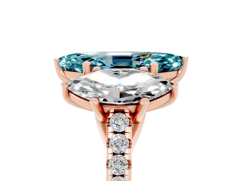 Rose gold Three-Stone Marquise Cut Blue Topaz Ring with Pavé Band and Prong Setting_17