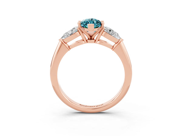 Rose gold Three-Stone Marquise Cut Blue Topaz Ring with Pear Side Stones and Four-Prong Setting