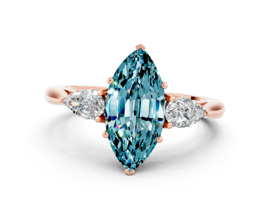 Rose gold Three-Stone Marquise Cut Blue Topaz Ring with Pear  Side Stones in Four-Prong Setting_36