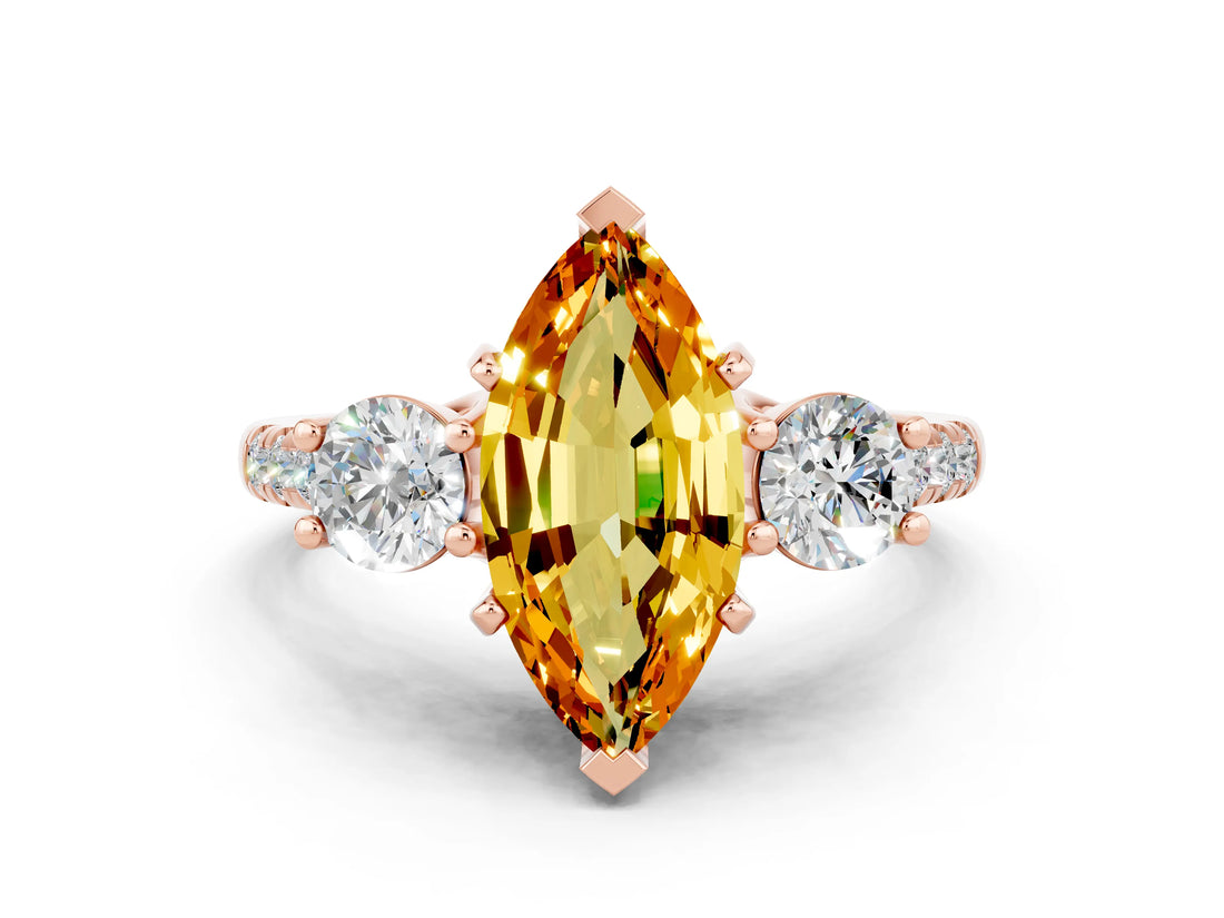 Rose gold Three-Stone Marquise Cut Citrine Pavé Band with Four-Prong Setting