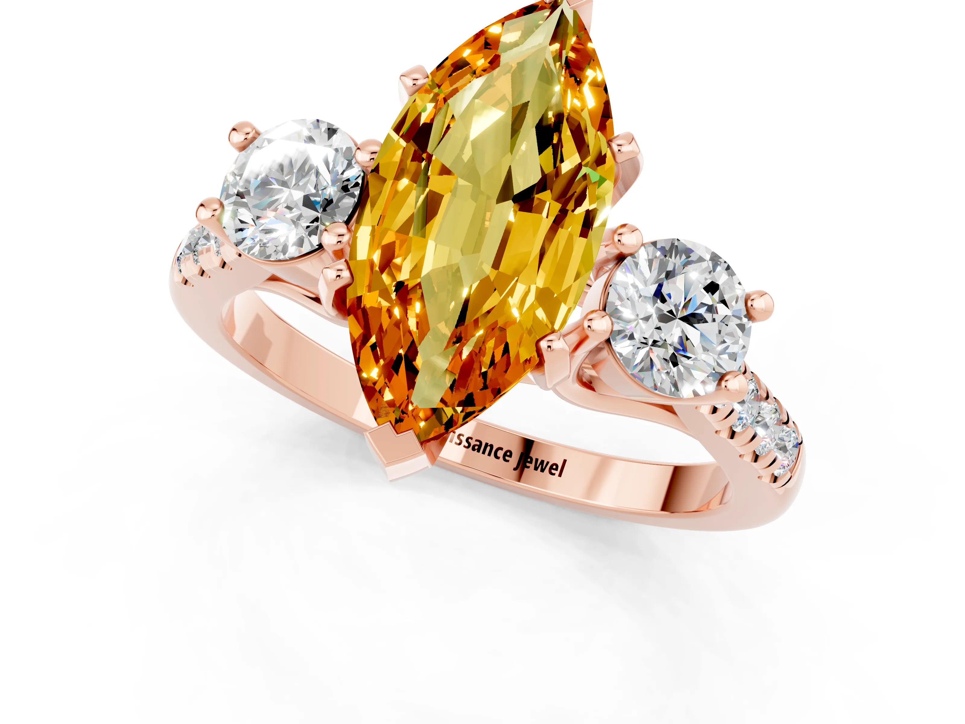 Rose gold Three-Stone Marquise Cut Citrine Pavé Band with Four-Prong Setting_1