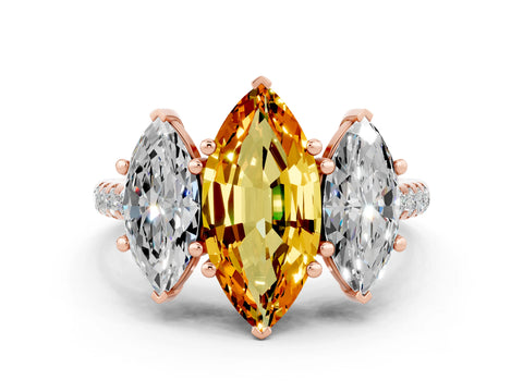 Rose gold Three-Stone Marquise Cut Citrine Ring with Pavé Band and Prong Setting_12