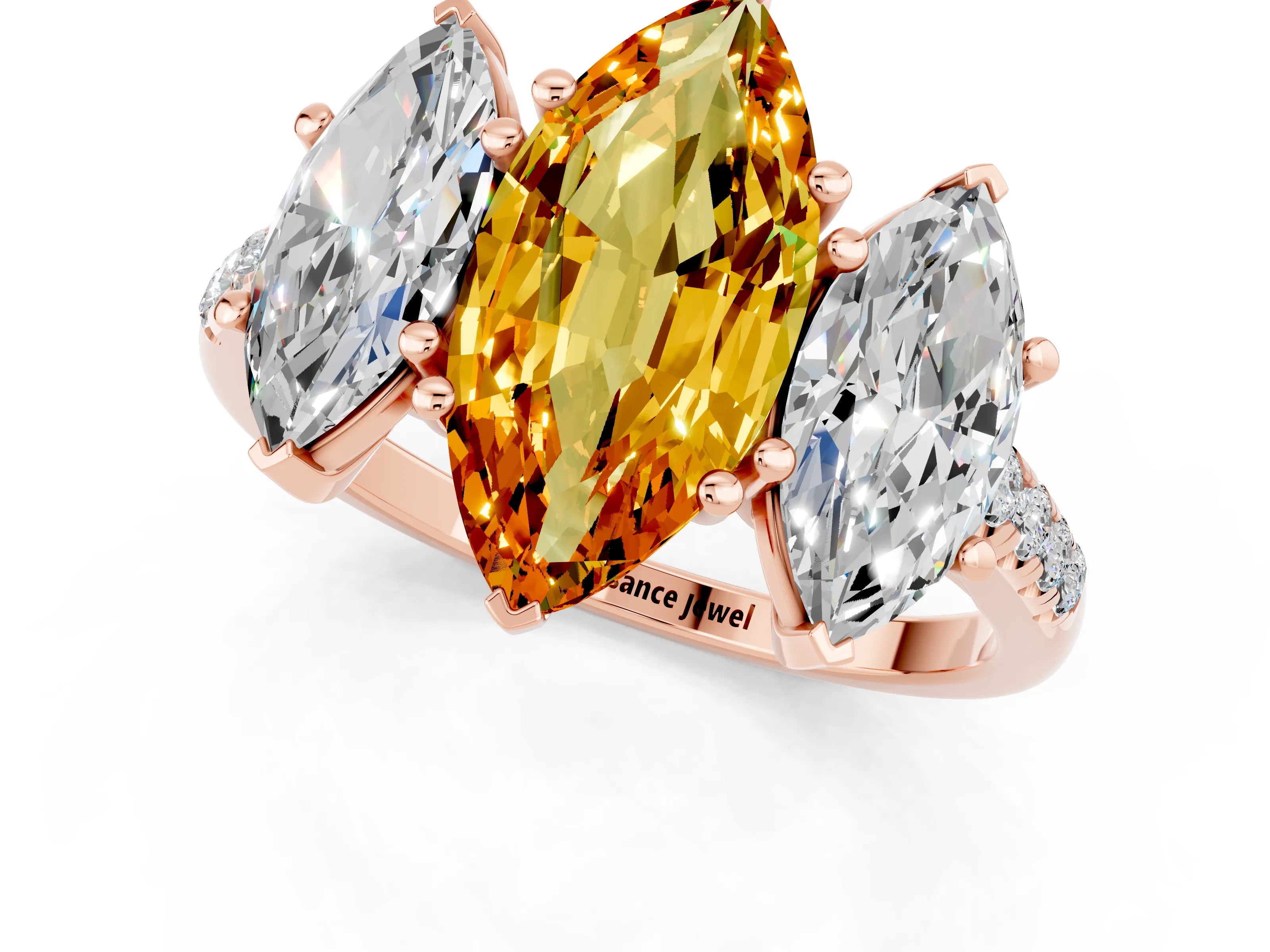 Rose gold Three-Stone Marquise Cut Citrine Ring with Pavé Band and Prong Setting_13