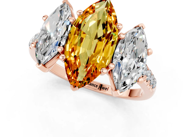 Rose gold Three-Stone Marquise Cut Citrine Ring with Round  Pavé Band and Prong Setting