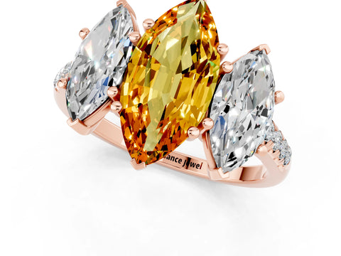 Rose gold Three-Stone Marquise Cut Citrine Ring with Pavé Band and Prong Setting_13