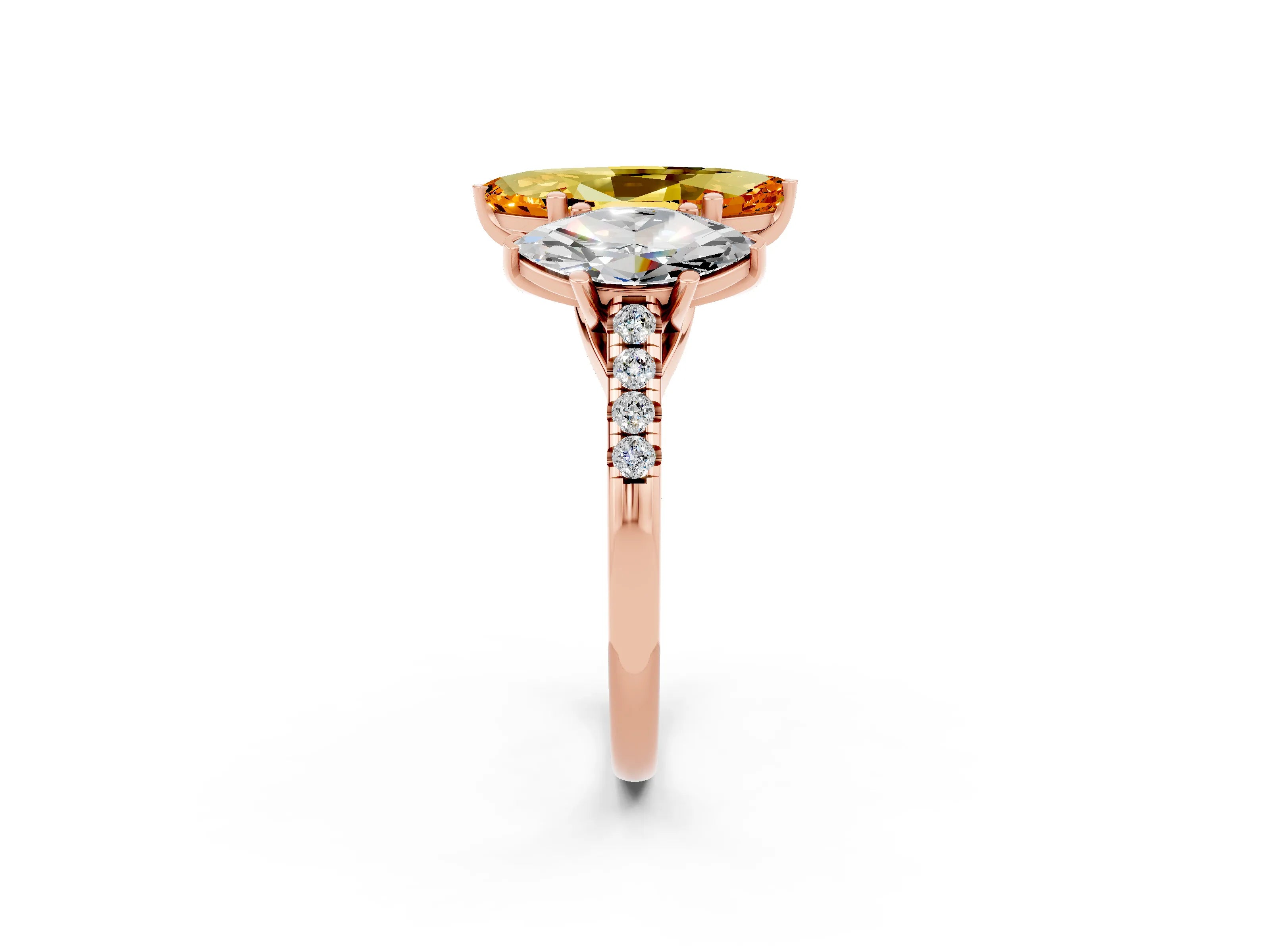 Rose gold Three-Stone Marquise Cut Citrine Ring with Pavé Band and Prong Setting_14