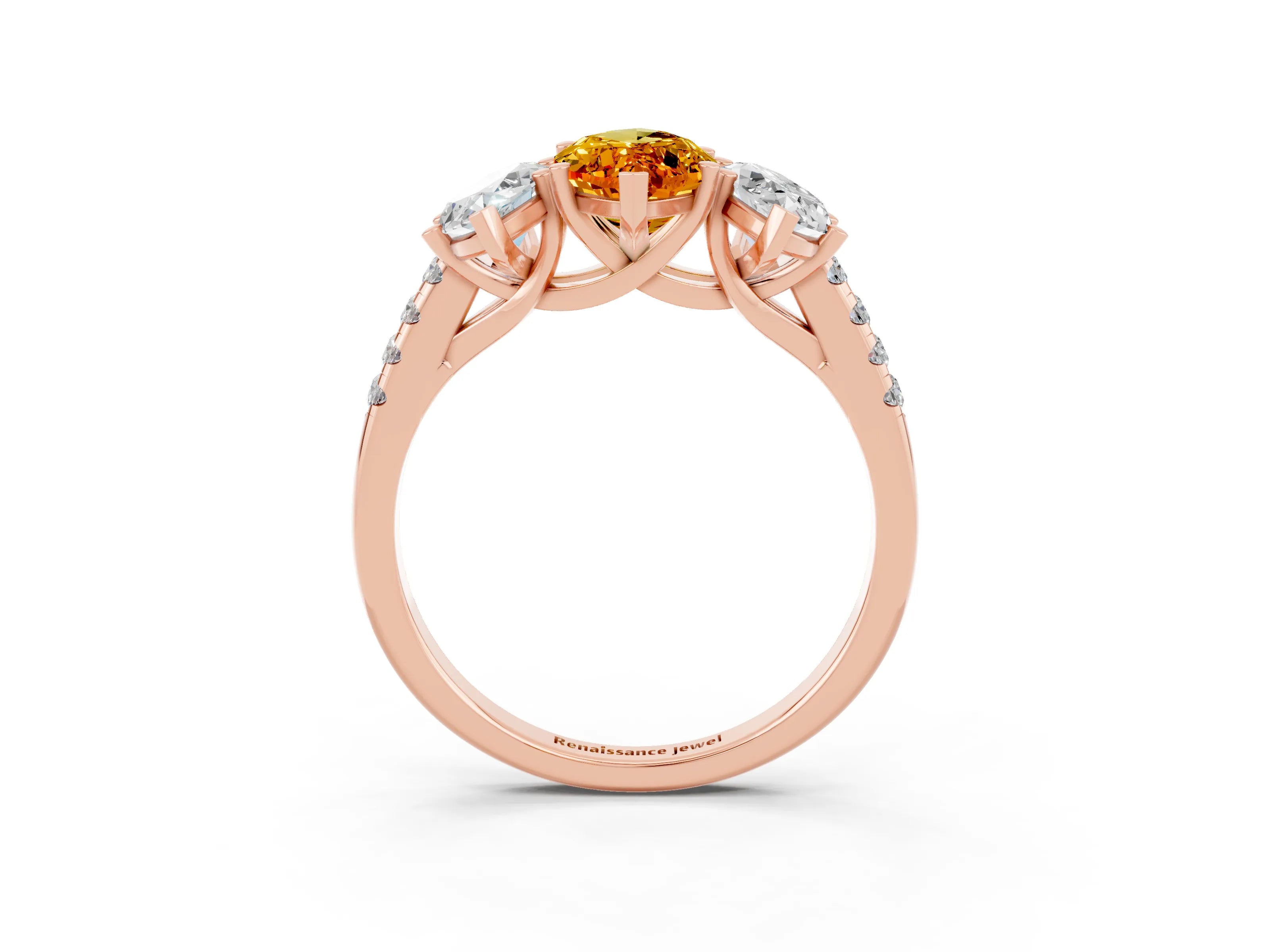 Rose gold Three-Stone Marquise Cut Citrine Ring with Pavé Band and Prong Setting_15