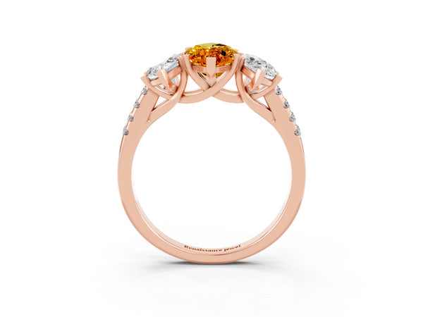 Rose gold Three-Stone Marquise Cut Citrine Ring with Round  Pavé Band and Prong Setting