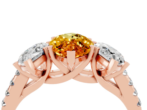 Rose gold Three-Stone Marquise Cut Citrine Ring with Pavé Band and Prong Setting_16