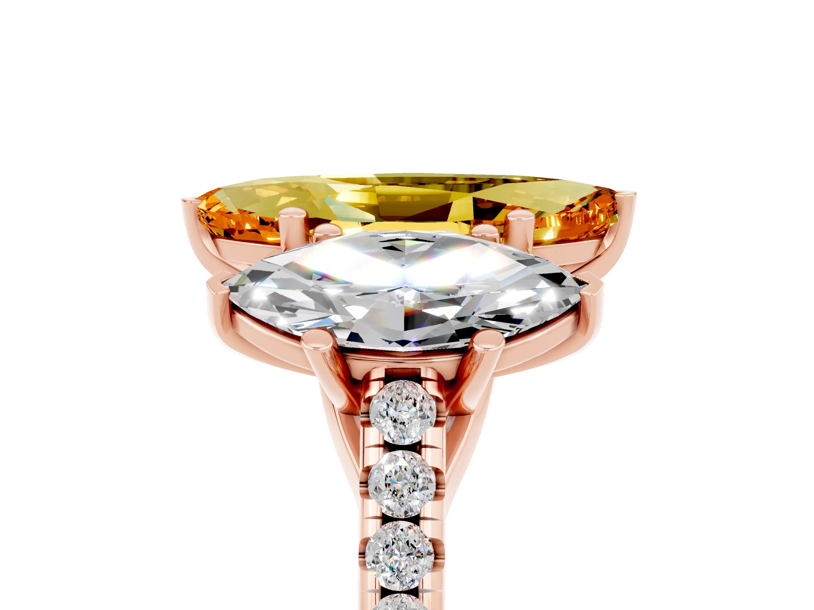 Rose gold Three-Stone Marquise Cut Citrine Ring with Pavé Band and Prong Setting_17