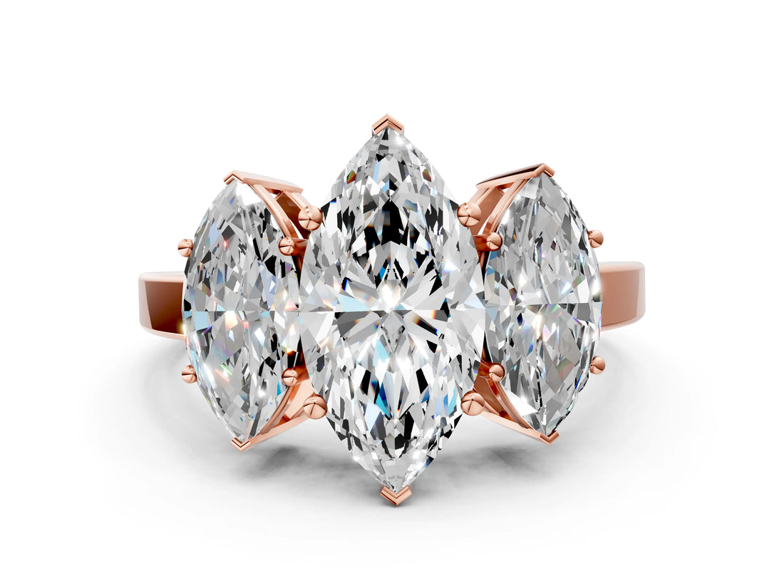 Rose gold Three-Stone Marquise Cut Cut Diamond Engagement Ring with Flat Band and Four-Prong Setting_15