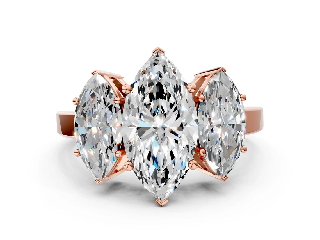 Rose gold Three-Stone Marquise Cut Cut Diamond Engagement Ring with Flat Band and Four-Prong Setting_3