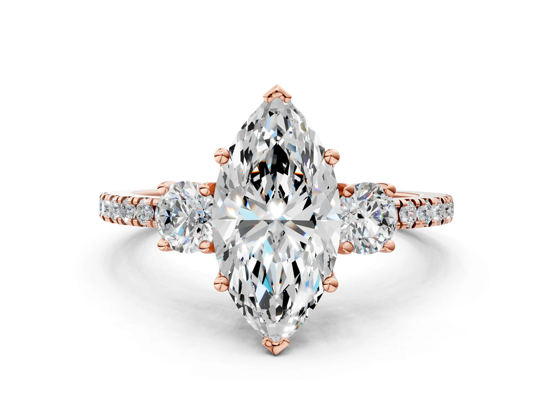 Rose gold Three-Stone Marquise Cut Cut Diamond Pavé Band with Prong Setting_15