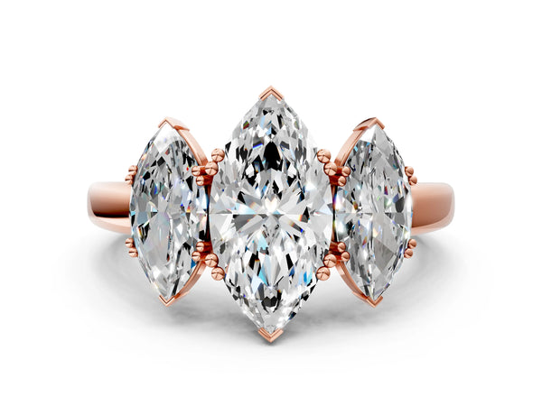 Rose gold Three-Stone Marquise Cut Cut Diamond Ring with Channel Set Band and Four-Prong Setting