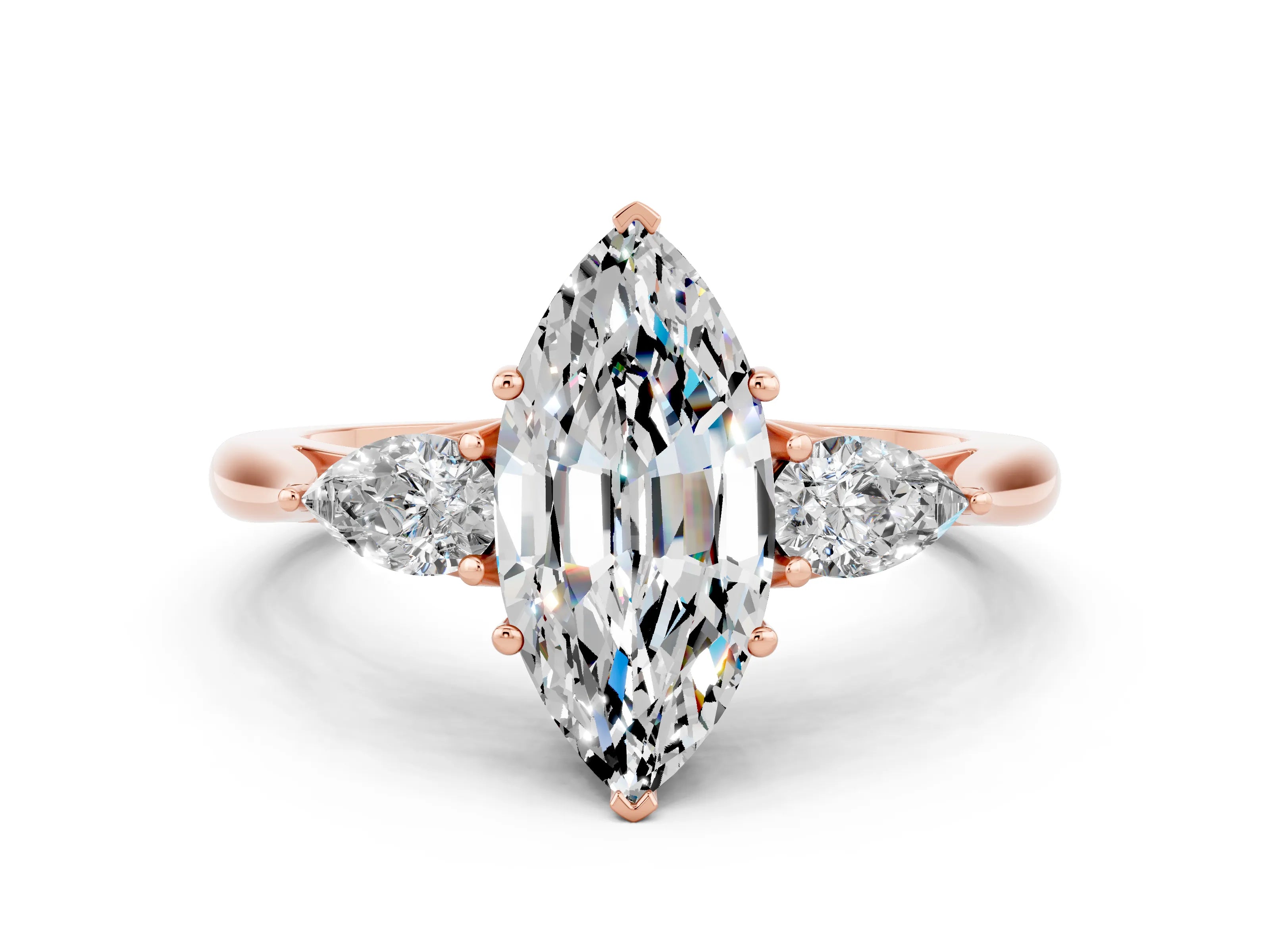Rose gold Three-Stone Marquise Cut Cut Diamond Ring with Pear Side Stones in Four-Prong Setting