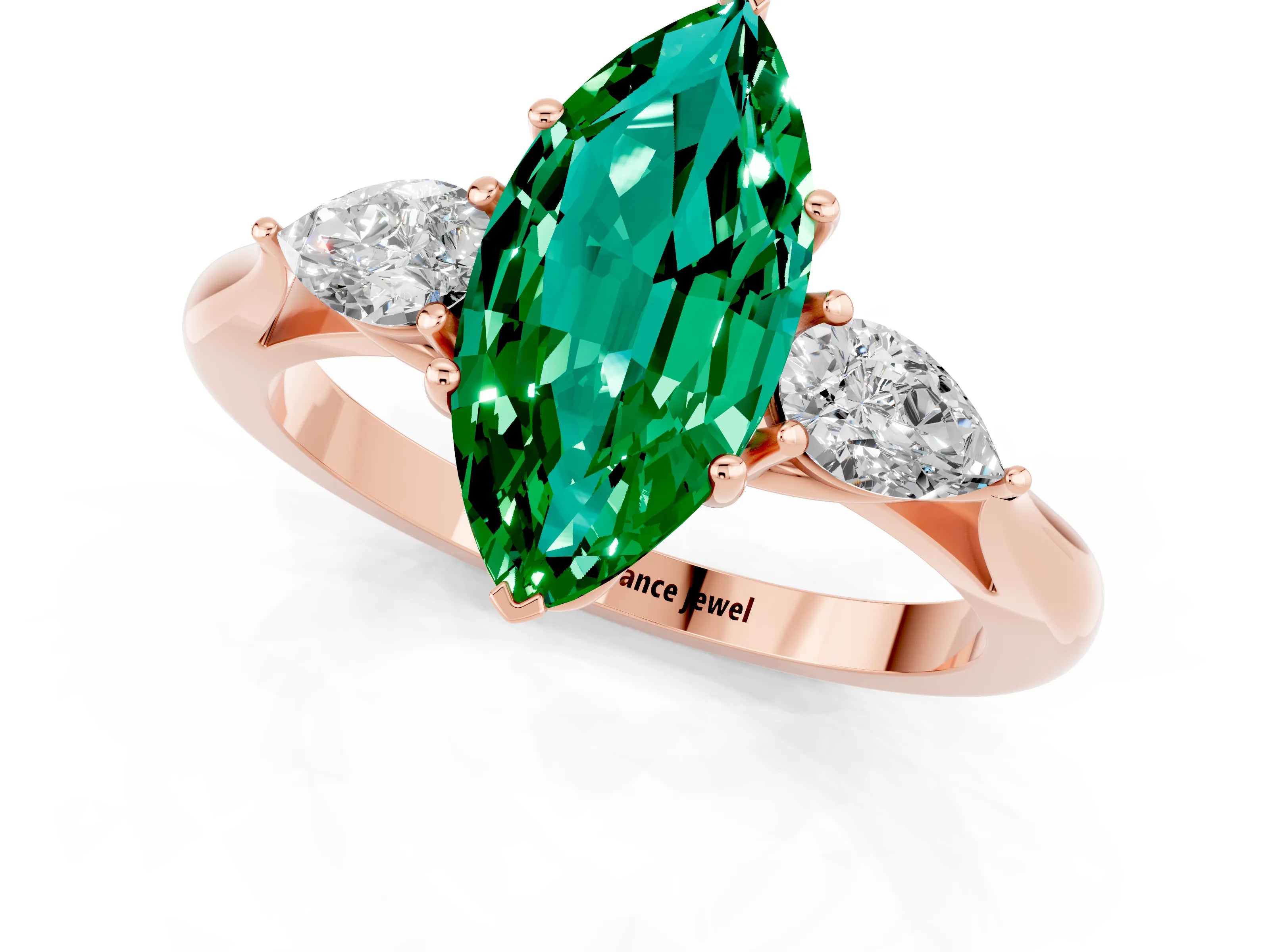 Rose gold Three-Stone Marquise Cut Cut Diamond Ring with Pear Side Stones in Four-Prong Setting_1