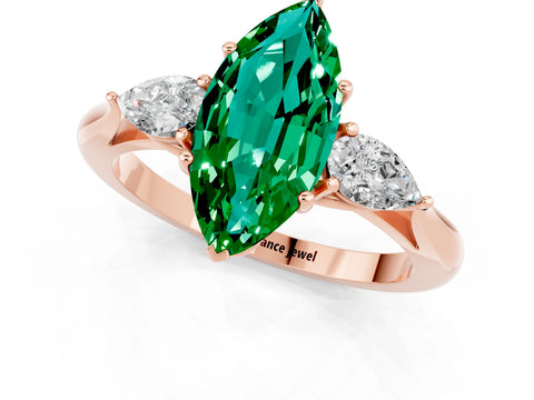 Rose gold Three-Stone Marquise Cut Cut Diamond Ring with Pear Side Stones in Four-Prong Setting_1