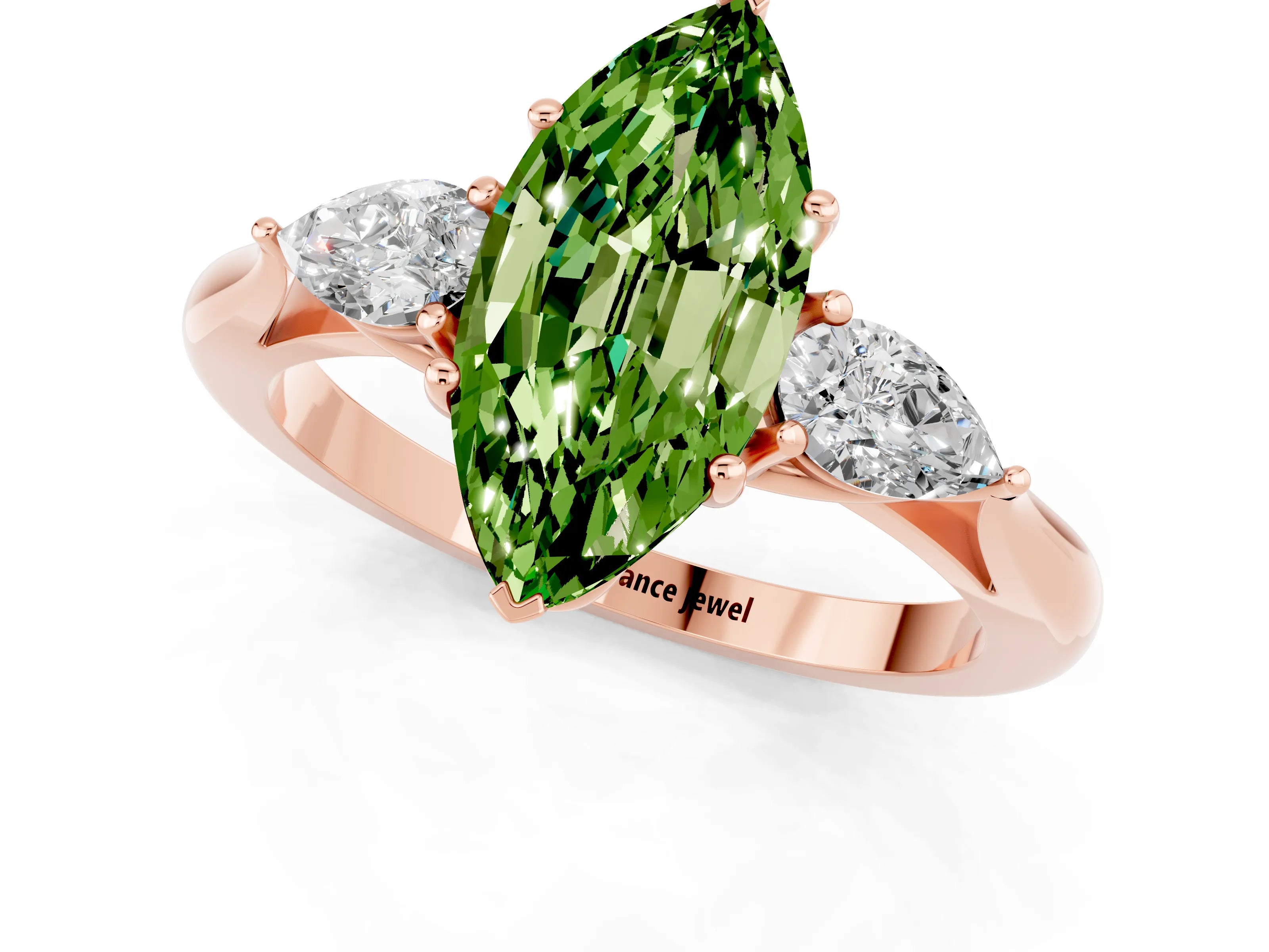 Rose gold Three-Stone Marquise Cut Cut Diamond Ring with Pear Side Stones in Four-Prong Setting_1