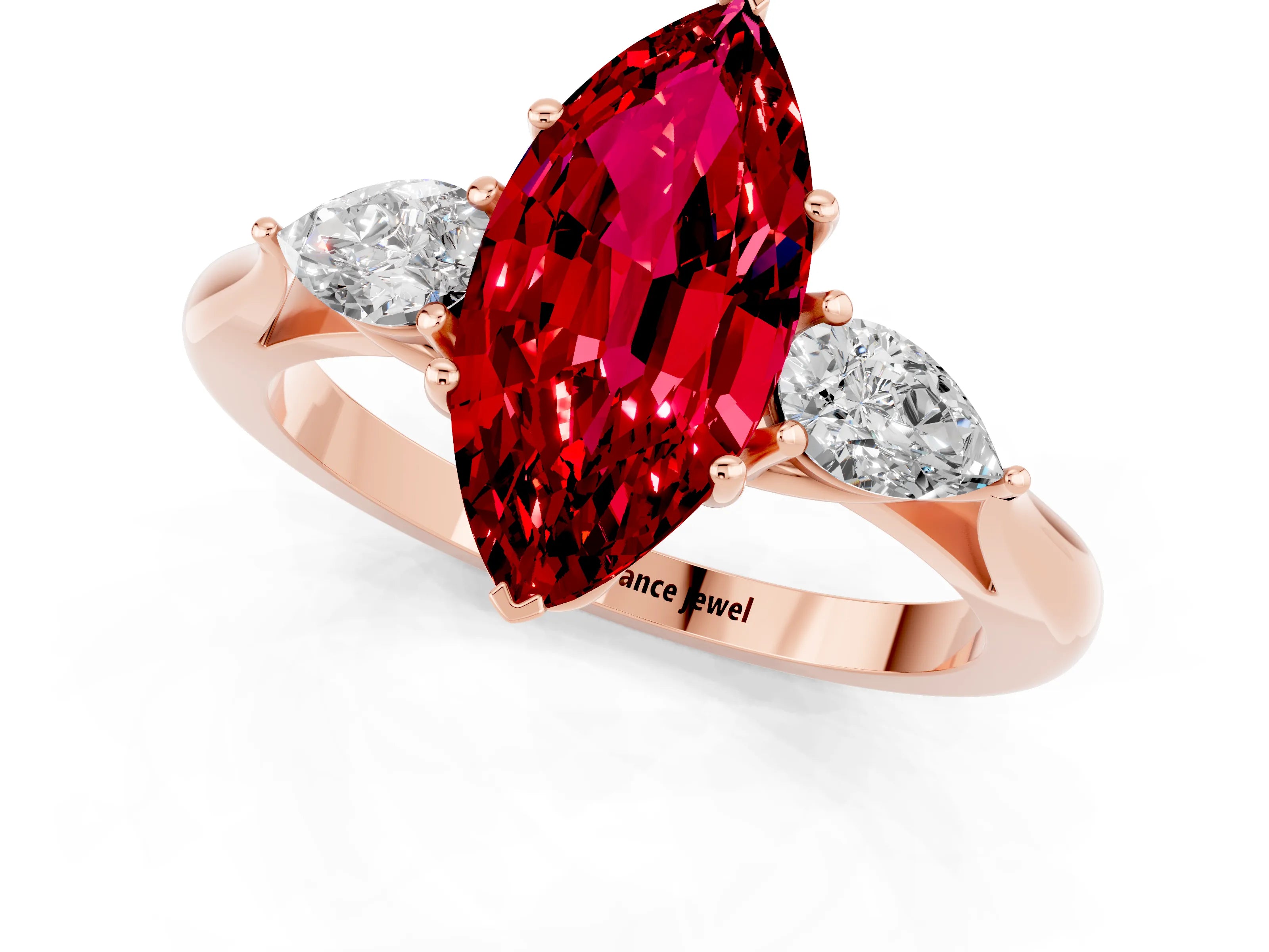 Rose gold Three-Stone Marquise Cut Cut Diamond Ring with Pear Side Stones in Four-Prong Setting_1