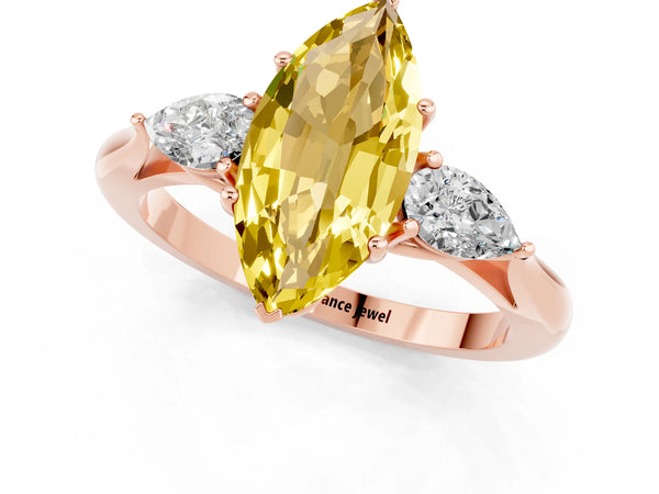 Rose gold Three-Stone Marquise Cut Yellow Sapphire Ring with Pear  Side Stones in Four-Prong Setting