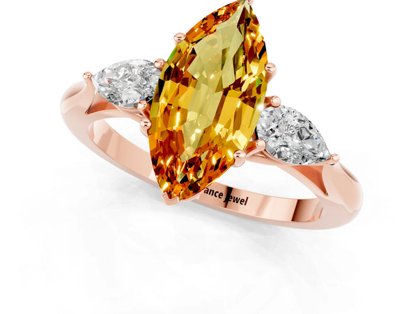 Rose gold Three-Stone Marquise Cut Citrine Ring with Pear  Side Stones in Four-Prong Setting