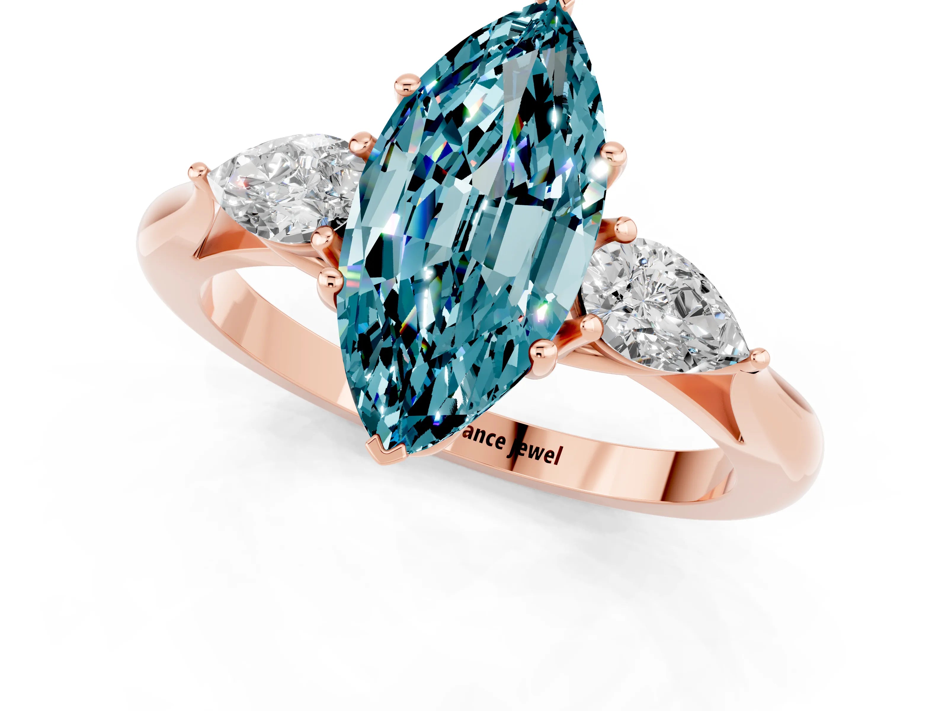 Rose gold Three-Stone Marquise Cut Cut Diamond Ring with Pear Side Stones in Four-Prong Setting_1