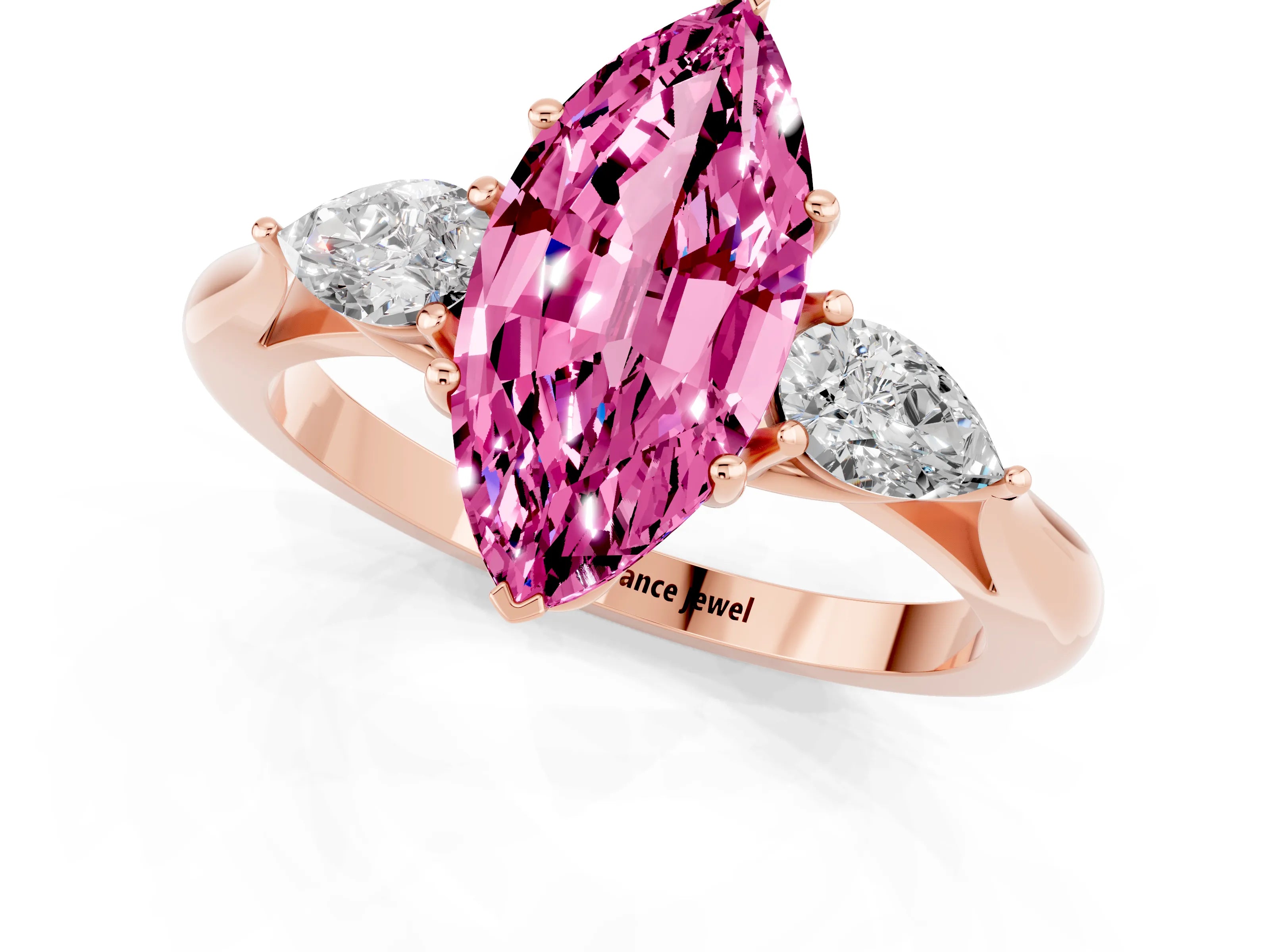 Rose gold Three-Stone Marquise Cut Cut Diamond Ring with Pear Side Stones in Four-Prong Setting_1
